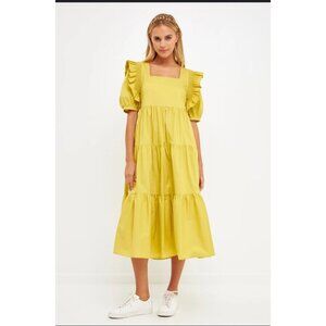 English Factory Puff Short Sleeve Midi Dress Square Neck Ruffle Smocked Detail S
